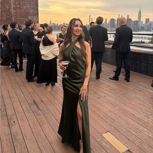 Revelry Green Satin Halter Evening Gown